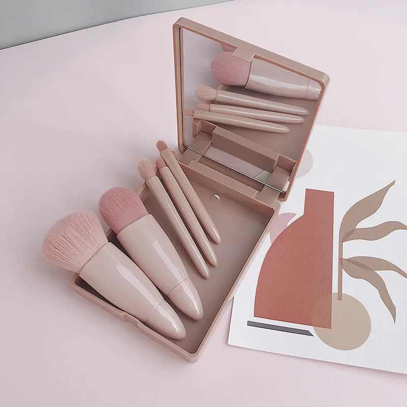 Wholesales Makeup Brushes 5pcs with Mirror for Travel Home Cosmetic Tool Powder Eye Shadow Foundation Blush Brush
