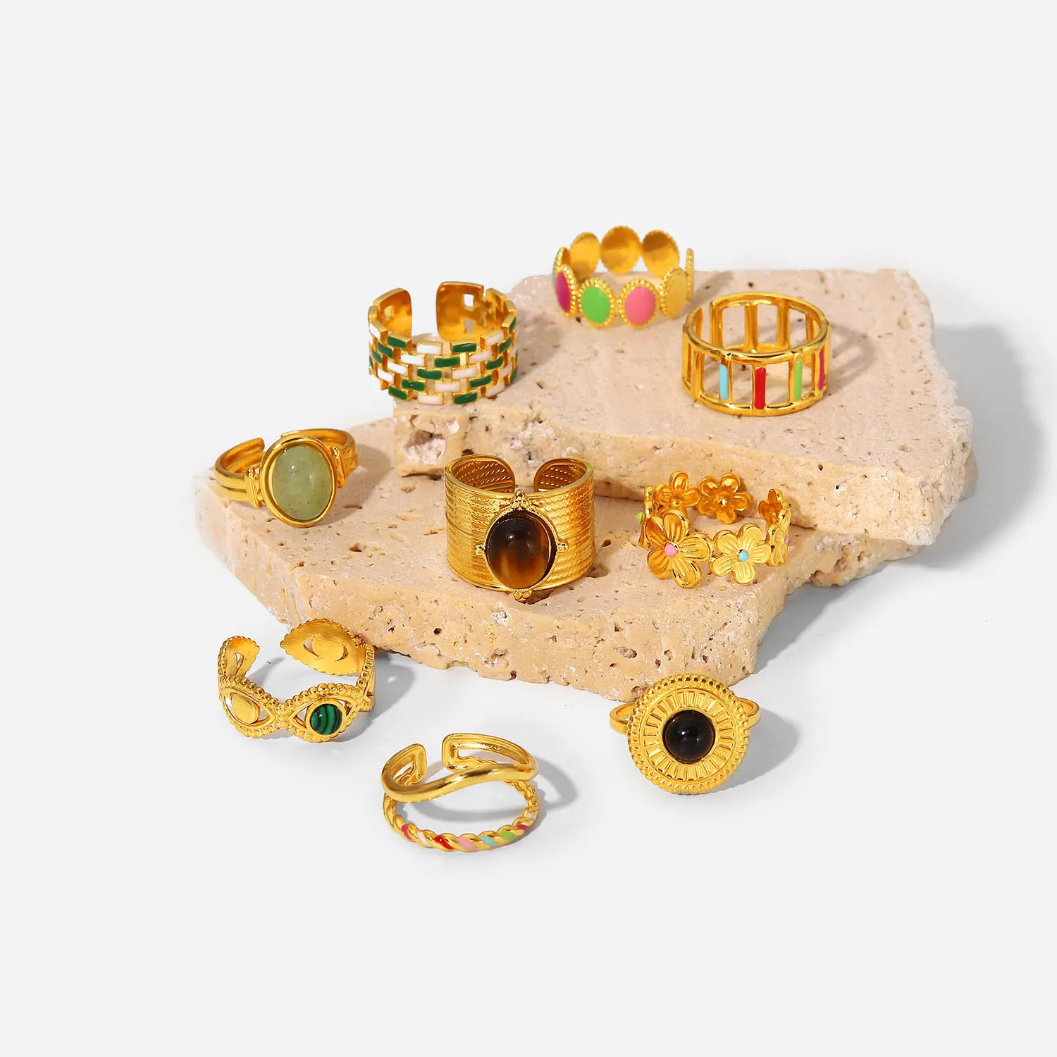 Enamel Oil Drop Ring 18K Gold Plated Stainless Steel Open Ring Popular Custom Jewelry Colored Enamel Natural Stone Open Rings