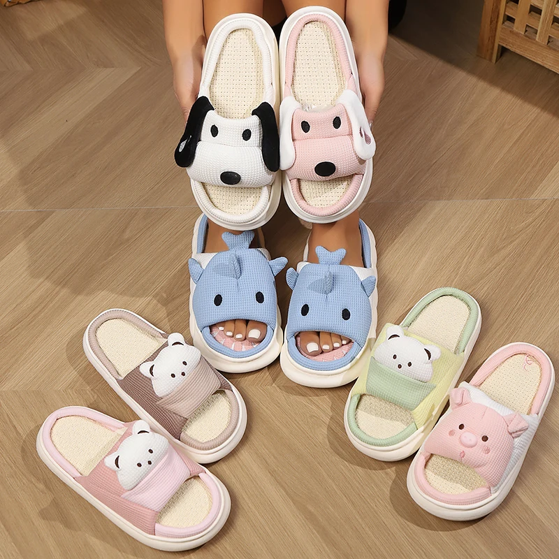 Wholesale Custom Animal Prints Cute fluffy fuzzy Linen Slippers plush Dog Shark bear Home Slides Ladies Winter Indoor Slipper