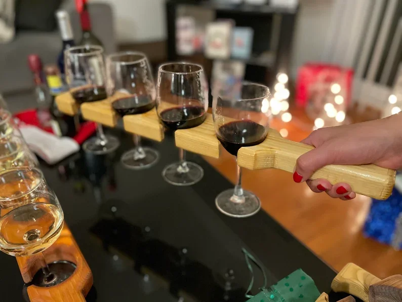 FSC Wholesale Bar Tasting Flight Paddle Board Shot Glass Paddle Wooden Serving Tray Wine Cup Holder Shot Glass Tray