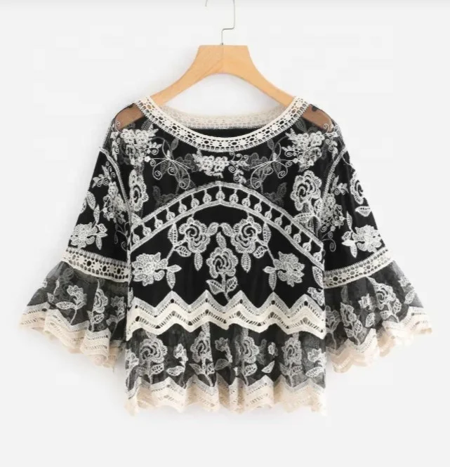 Plus size women floral embroidered crochet chevron casual top