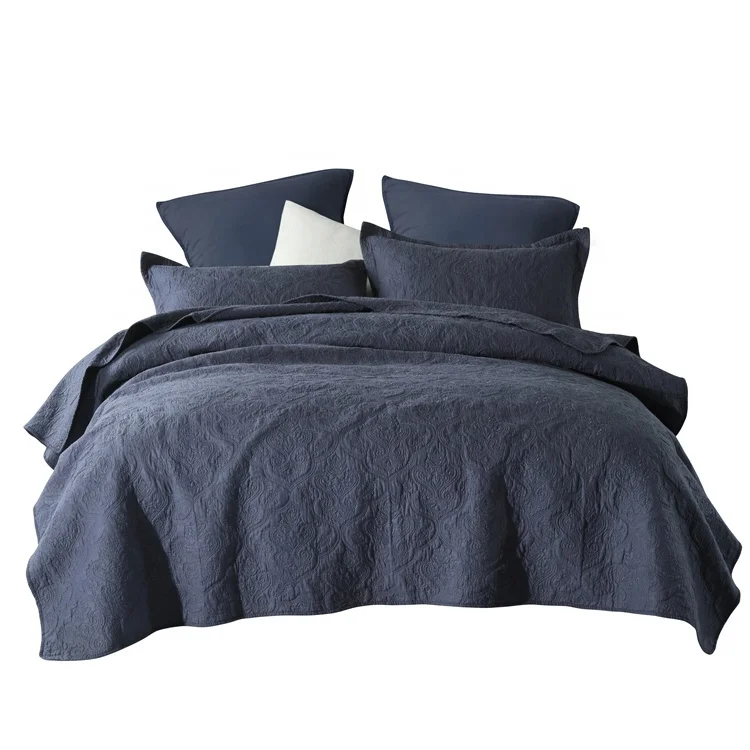 European Blue Reversible Queen King 3 Pieces Cotton Bedspread Patchwork Quilt Sets with 2 Pillowcases - Cotton,