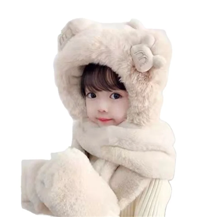 Wholesale Cute Baby Faux Fur Scarf Hat Gloves Sets Fluffy Fuzzy Plain Kids Winter Scarf Sets