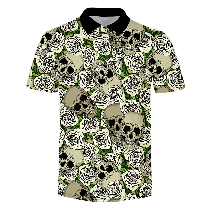 Custom Full Over Sublimation Printing Rose Flowers Skull Pattern Polo Shirts Summer Casual T-shirts Polyester Men Polo Shirts