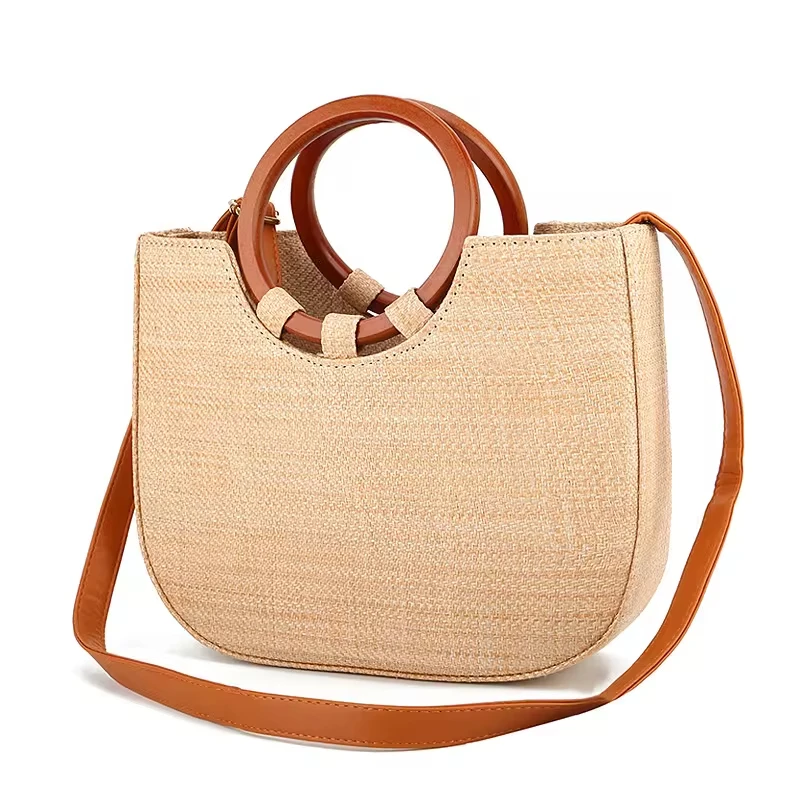 2024  Women Handmade Messenger Beach straw Bag Casual Ladies Woven Beach Straw Handbags With Leather Strap