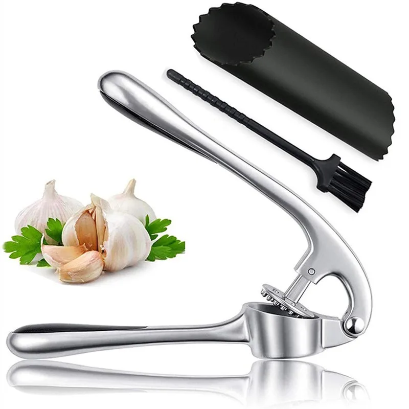 Kitchen Premium Garlic Press Set Rust Proof Dishwasher Safe Professional Garlic Mincer Tool Easy Squeeze Garlic Peeler