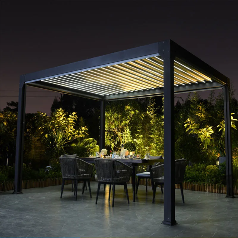 Fancy Opening Motorised Solar Cell Sliding Bioclimatic Retracting Louver Pergolas Aluminum Free Standing Modern PVC Waterproof