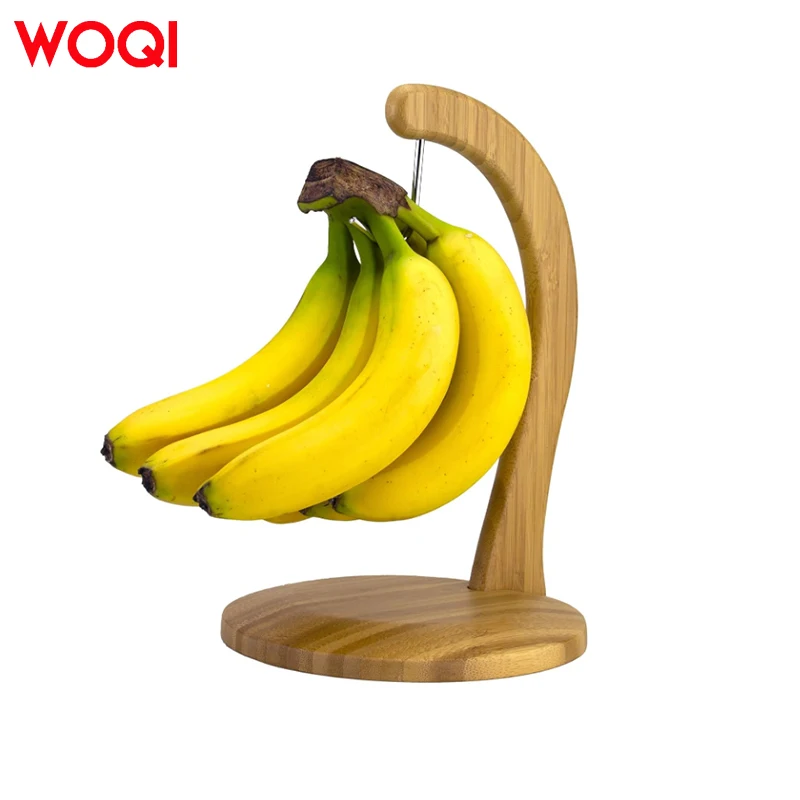 WOQI  Wholesale Home Kitchen Countertop Fruit Rack Wooden Bamboo Banana Hanger With Stainless Steel Hook