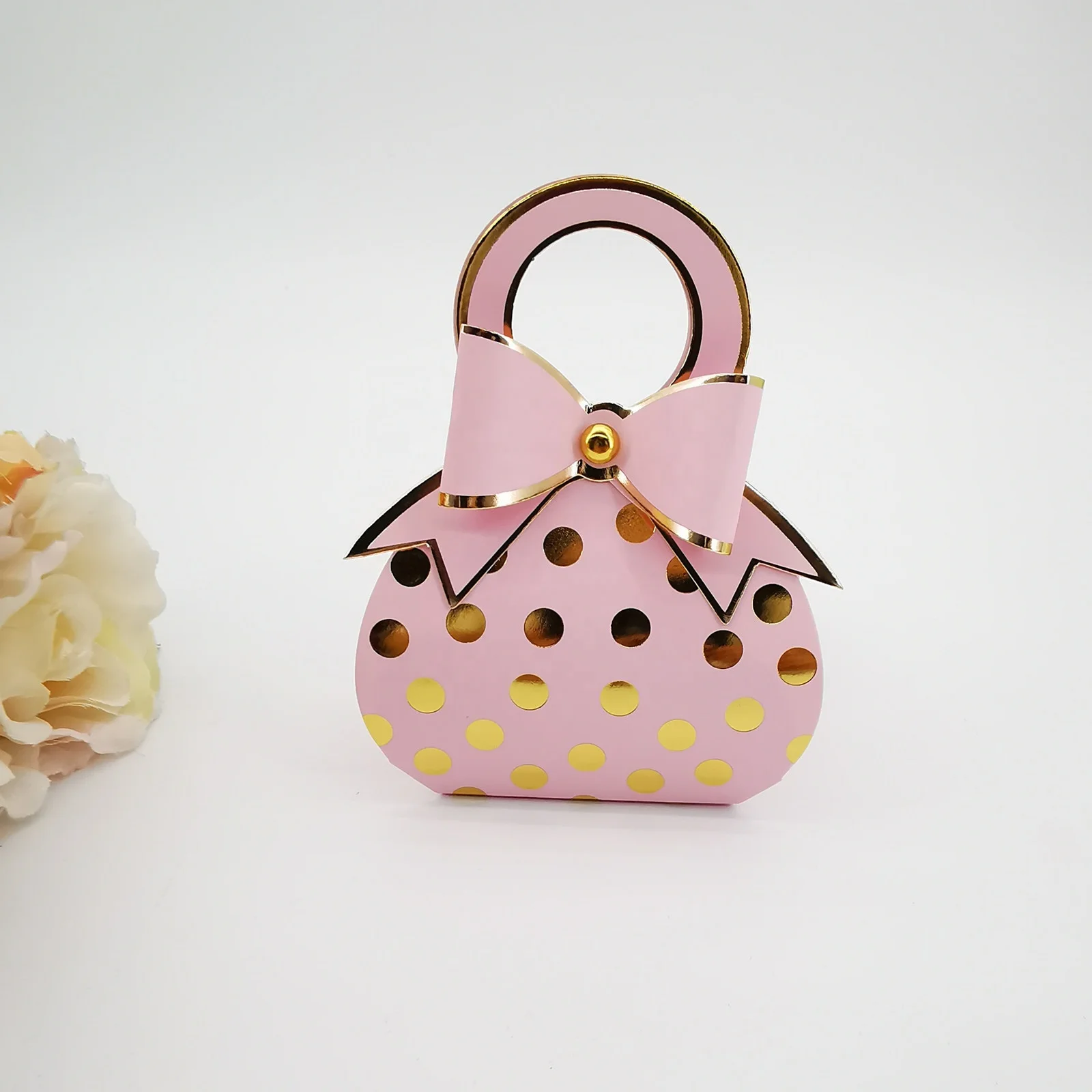 Amazon Hot Seller Ins Style Cute Handbag Shape  Gold Foil Dot Wedding Birthday Bady Shower Paper Candy Box Bag with Bowknot