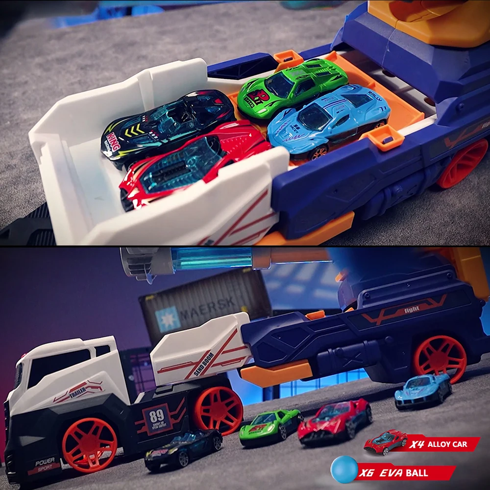 Lucky Toys Catapult Car Toys Ejection Transporter Truck Toys With Soft Bullets and 2 Alloy Car For Children