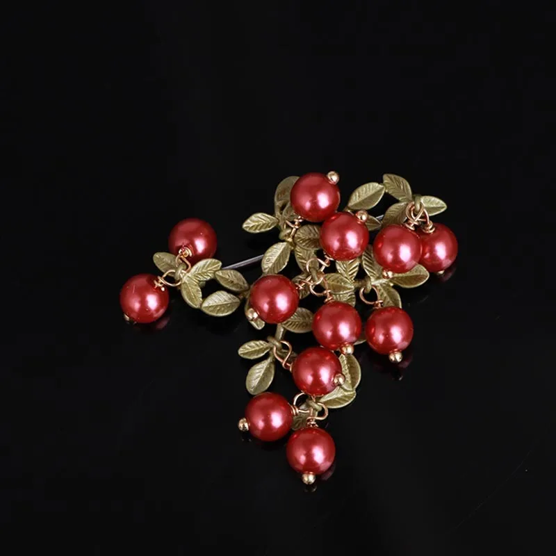Begonia flower red fruit tree pearl sterling silver brooch