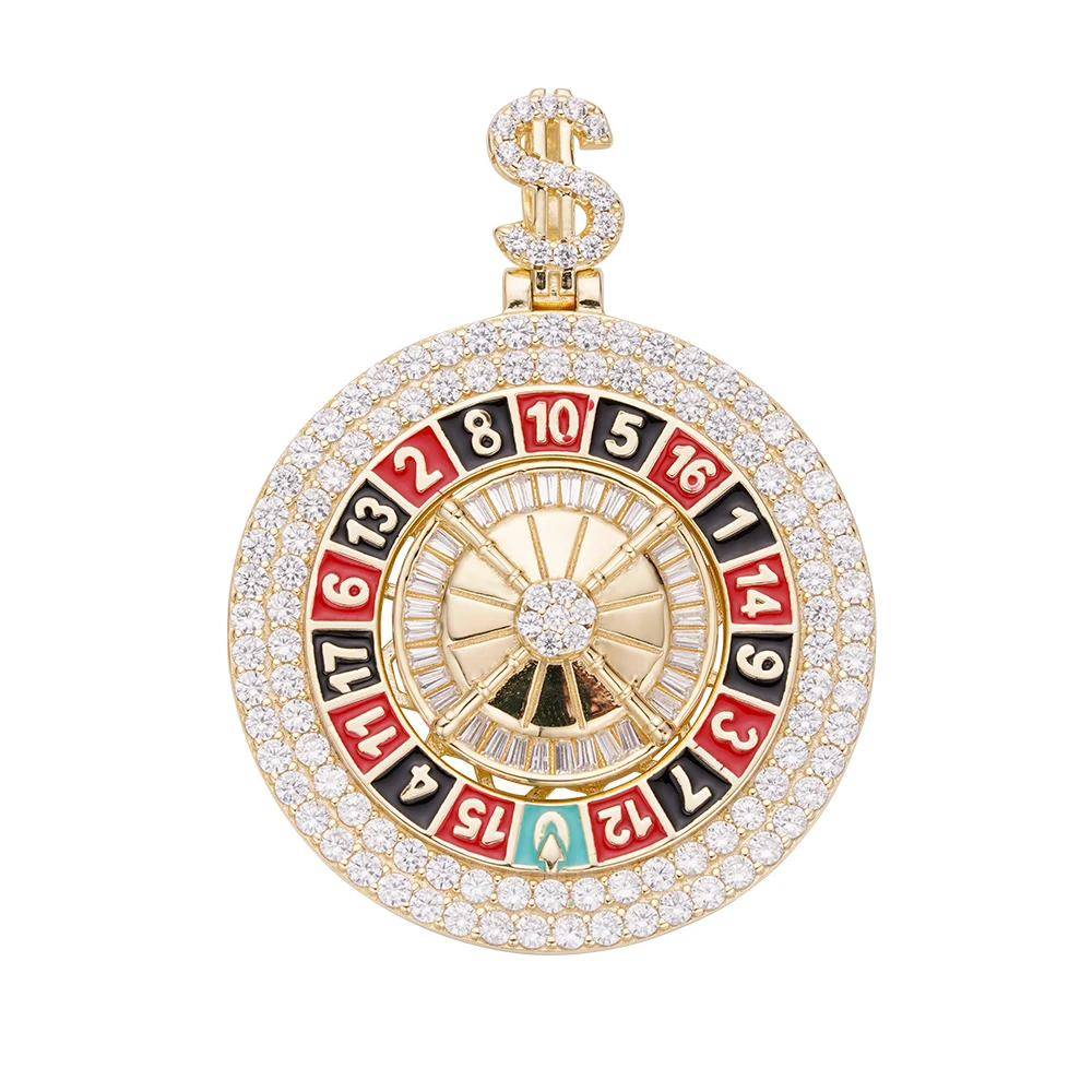 Hip Hop Latest Design 14k Gold Plated Round Iced Out CZ Cartoon Roulette Casino Enamel Spin Charm Pendants