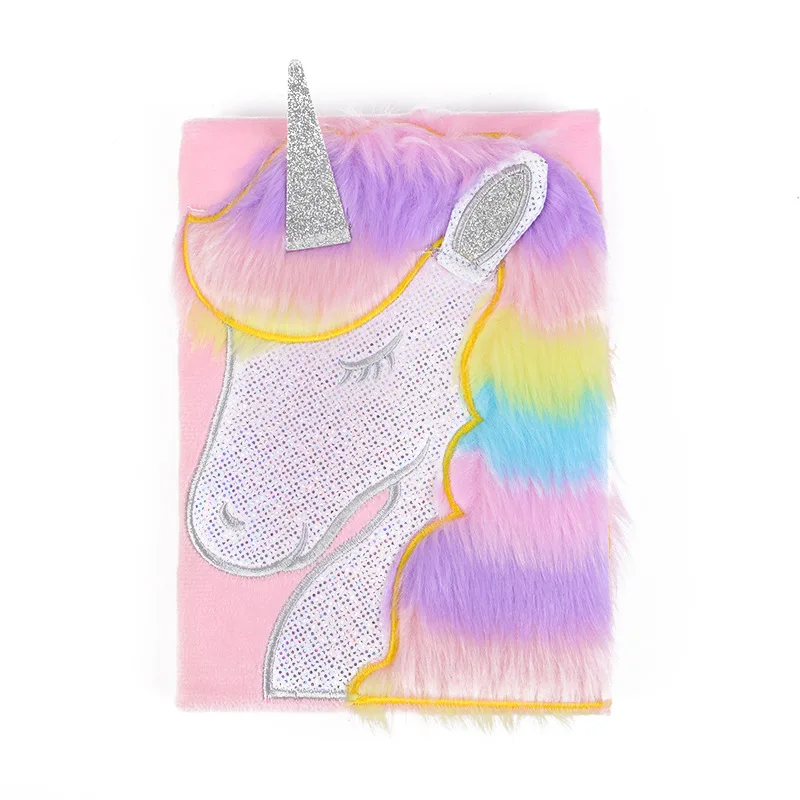 Promotion cute children gift  notebook warm in the winter fluffy diary cartoon animal unicorn plush notebook for girls