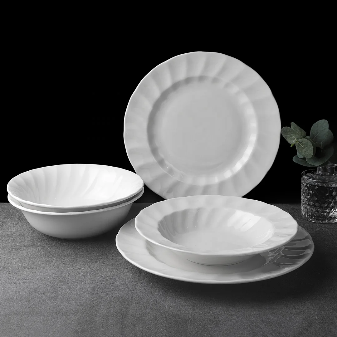 white embossed vintage bone china western food pasta dinner plates bowl sets luxury porcelain ceramic nordic tableware set