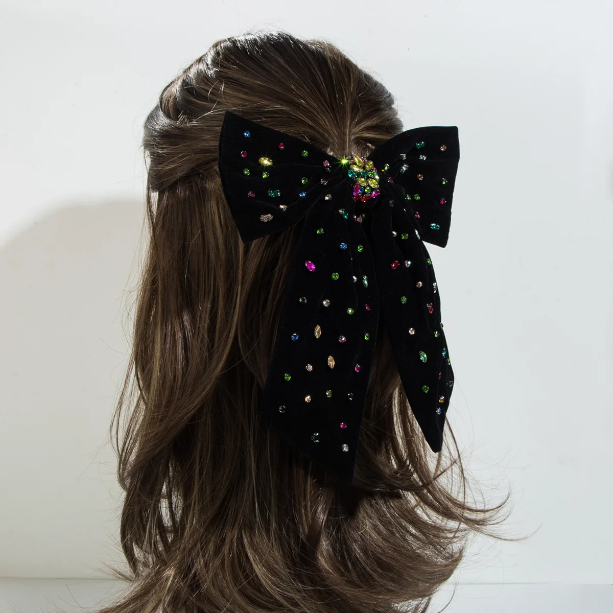 Luxury Custom Rhinestone Handmade crystals Velvet ribbon Bow shape hair accessories Hair Pins Dream Bling Hair Clips for girls