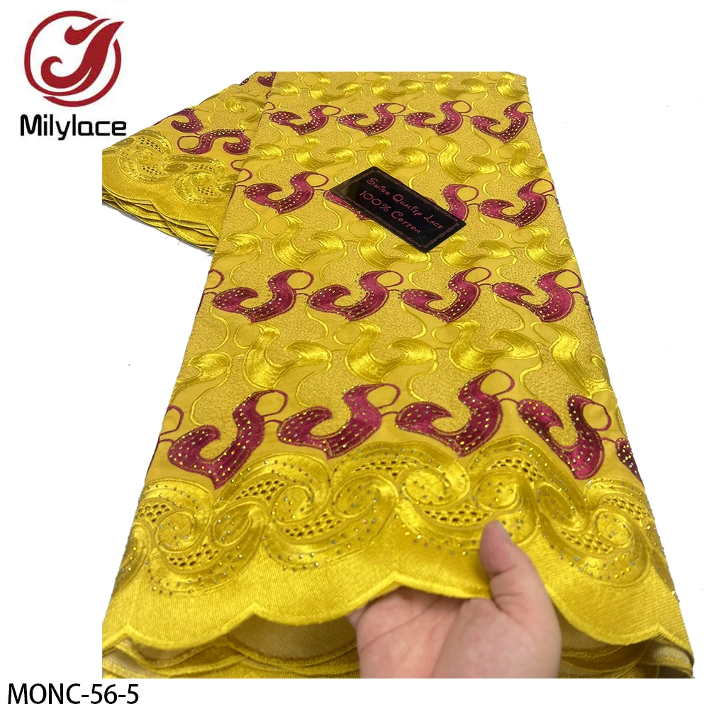 African High Quality Embroidery Flower Trim 100% Cotton Swiss Cotton Voile Lace Fabric with Stones