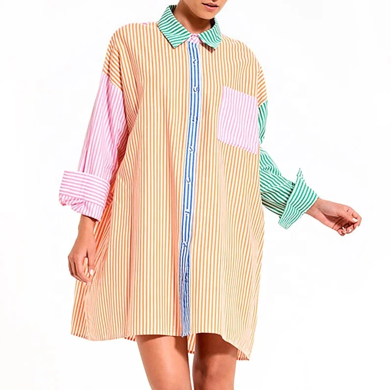 2022 Custom OEM ODM Women Clothing Highly Spring Summer Fashionable Striped Shirt Mini Dress