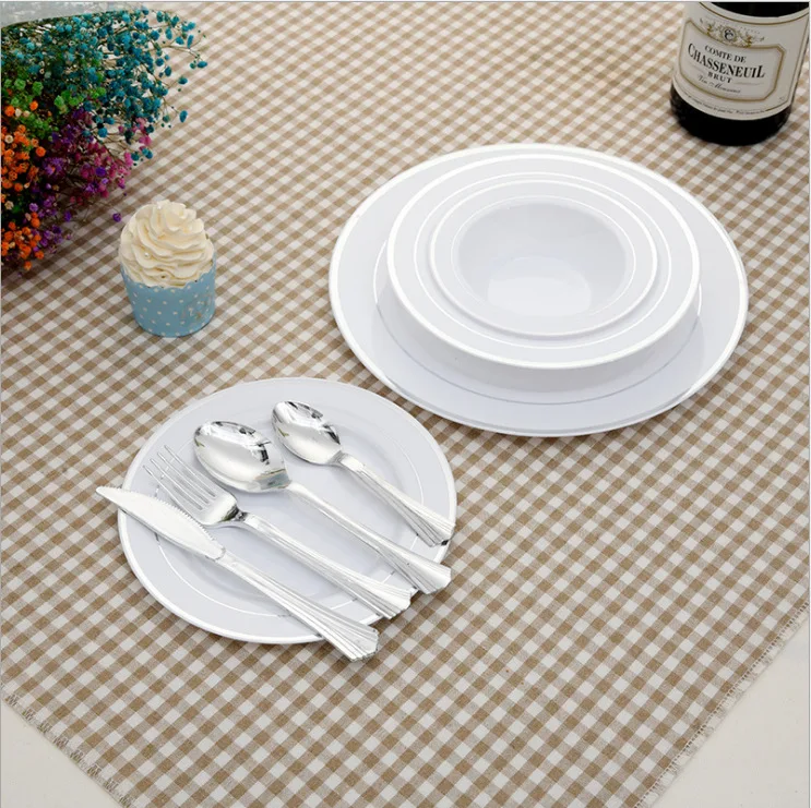 Modern Gold Rim Reusable Heat-Resistant 7.5 8 9 10.3 inch Soup Sauce Salad Bowl Gift Set PS Plastic Plate Disposable Dinnerware