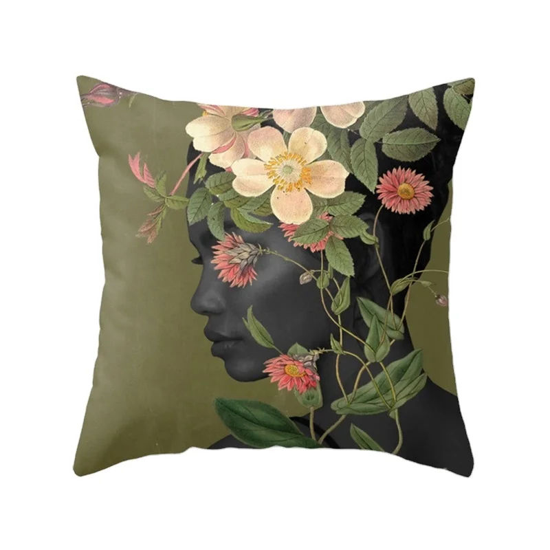 2021 New Hot Printed Woman Flower Pillowcase Car Cushion Cover Simple And Fresh Sofa Home Decoration Peach Skin 45*45cm