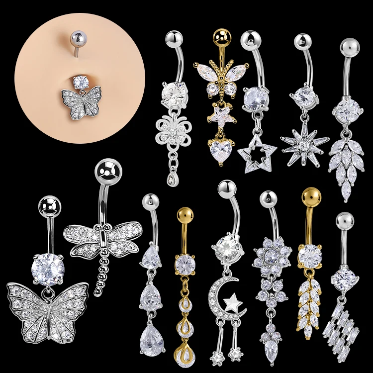 Summer Sexy Gold Silver Belly Piercing Navel Piercing Rings Flower Dangle Cz Zircon Butterfly Belly Button Ring
