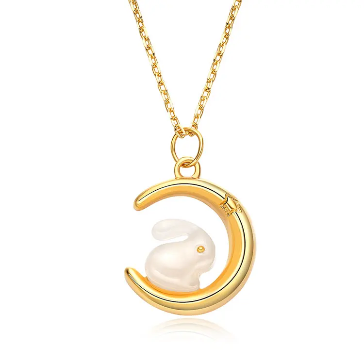 Chinese style 18k gold Simple Jade Rabbit Moon Lady exquisite necklace moon pendant necklace