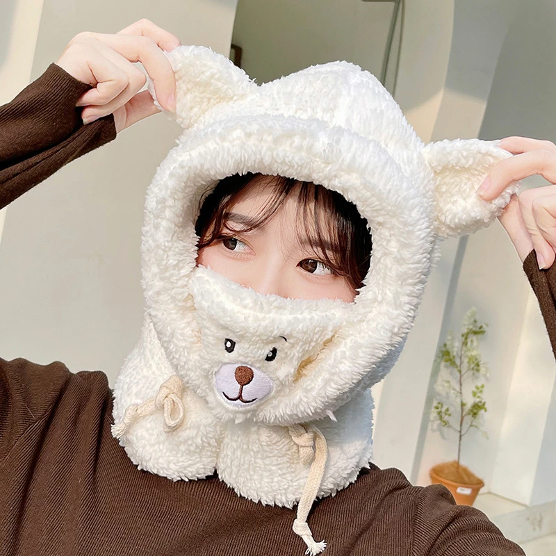 All-match Cute Bear Ear Hat Lamb Plush Simple Korean Winter Riding Thicken Warm Windproof Mask Scarf One-piece Cute Bear Hat