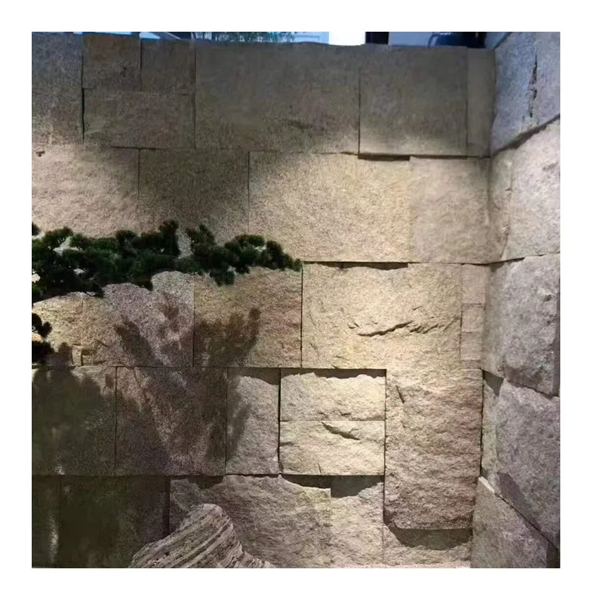 Natural split stone rock G682 yellow granite rocked face wall cladding for exterior decorative facade walling