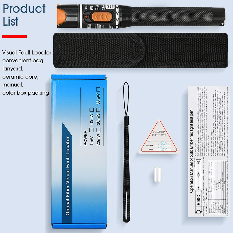 VLF Laser 10MW Visual Fault Locator, Fiber Optic Cable Tester 5-50km Range VFL can choose LC adapter