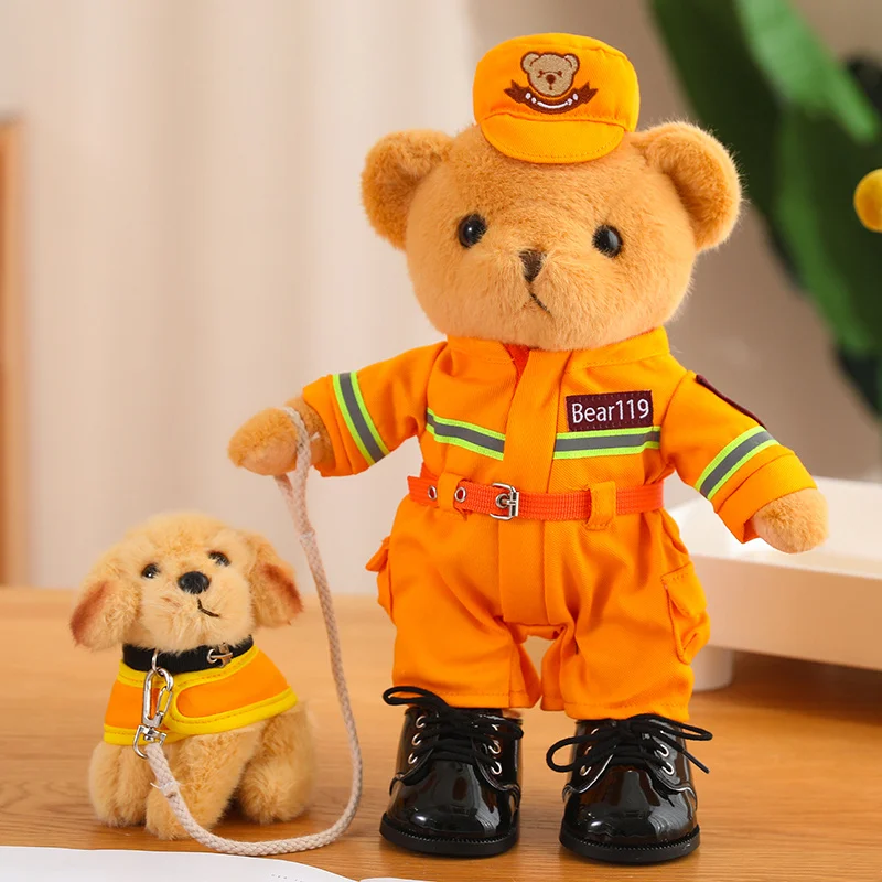 New sunrise wholesale soft stuffed handsome Royal police bear Traffic police bear Fire fighting bear doll with plush patrol dog