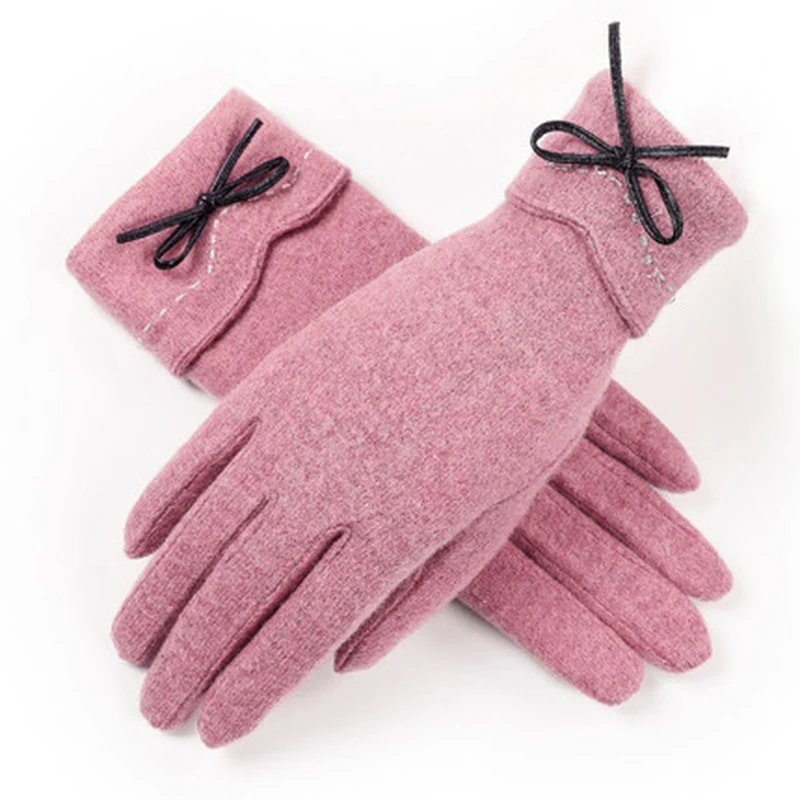 Solid Color Elegant Plus Velvet thickening Touch Screen Gloves Winter Women Warm Cashmere Full Finger Bow Mitten
