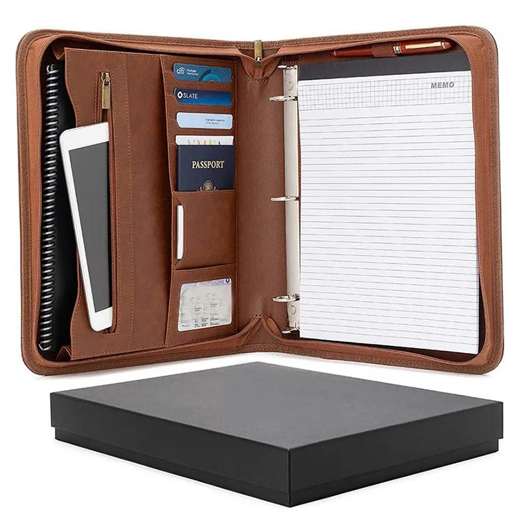 Multi-function PU Executive Zipper Holder Leather Documents Organizer Portfolio File Folder With Letter-Size Notepad and Pockets