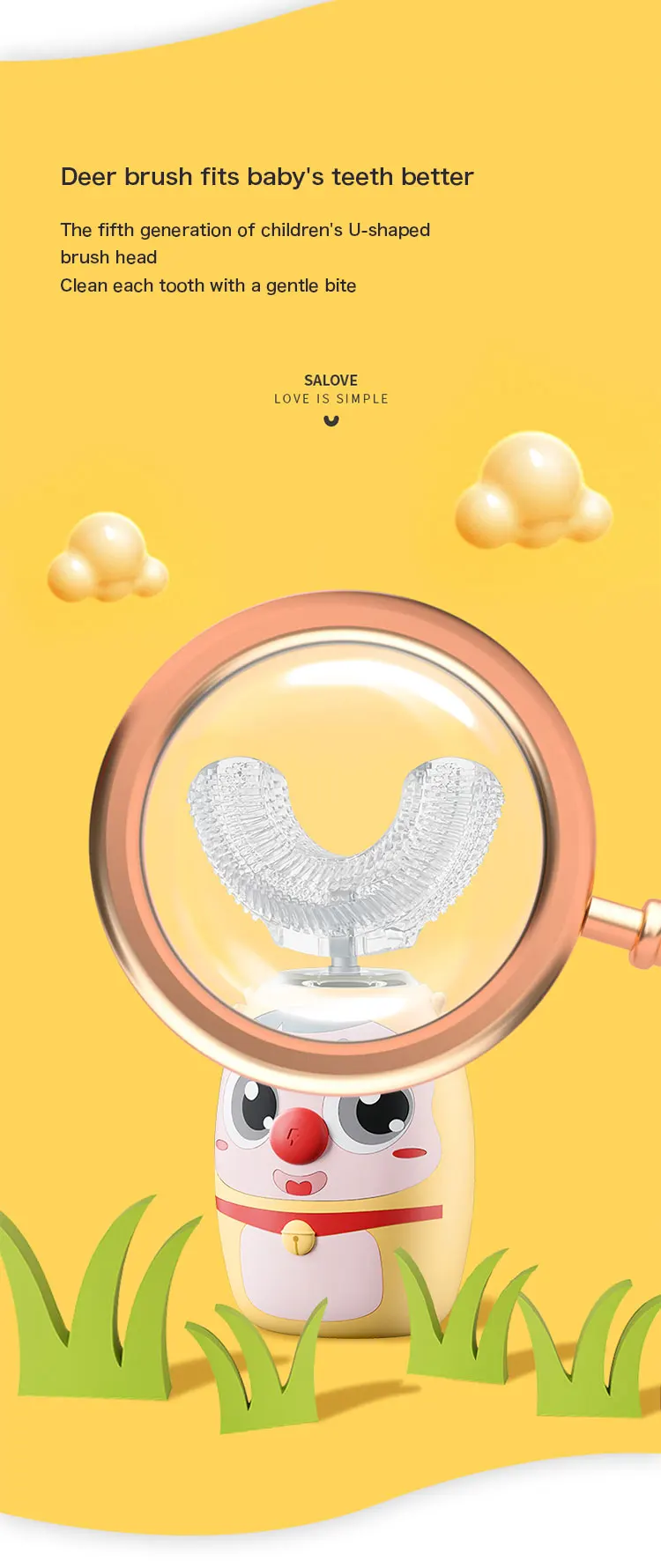 Cute mini U Shape 360 degree wapiti cartoon Toothbrush for Kids Ultrasonic U brush Gum Massage Tooth Care