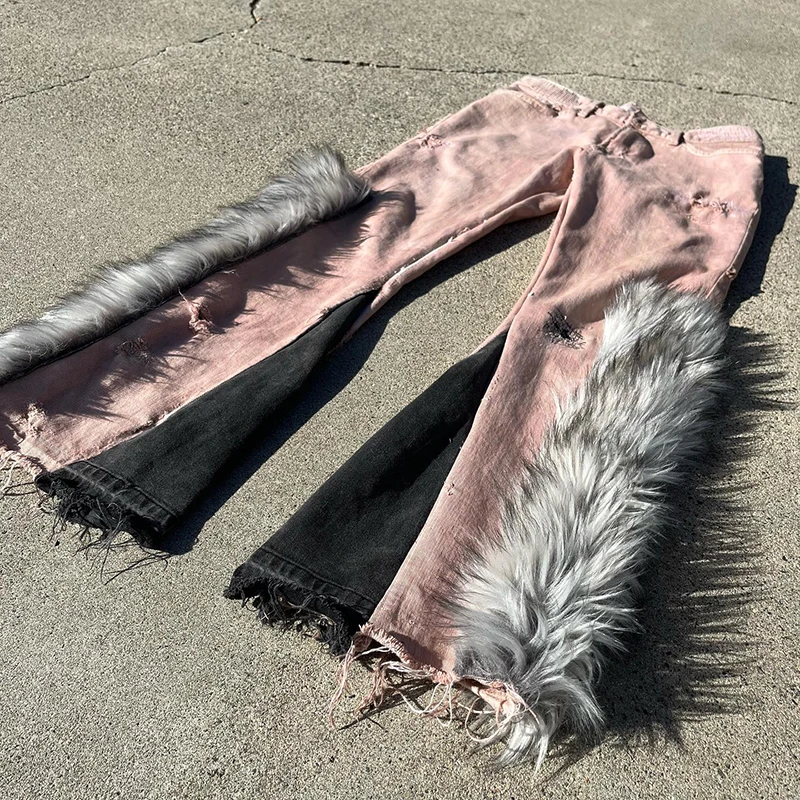 YYSY Custom denim pants skinny jeans stitched patchwork fur stacked jeans pants for men