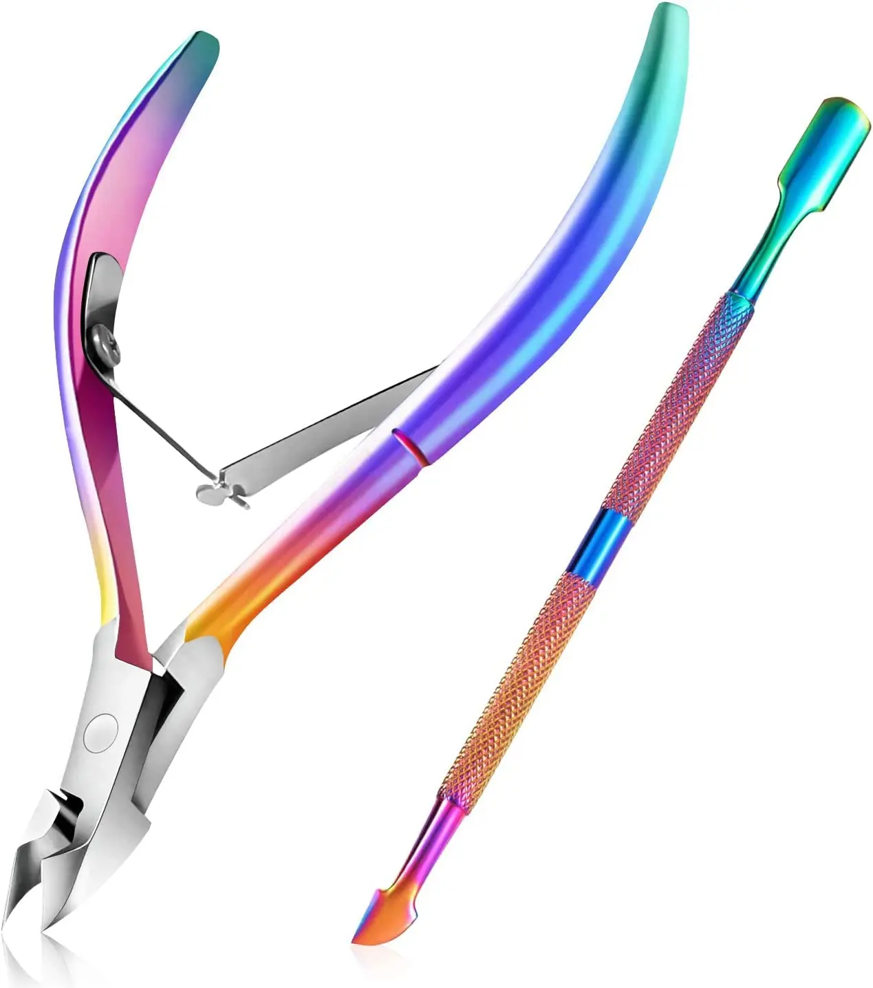 Professional Cuticle Trimmer with Cuticle Pusher  Rainbow Sharp Durable Manicure Tools for Fingernails and Toenails