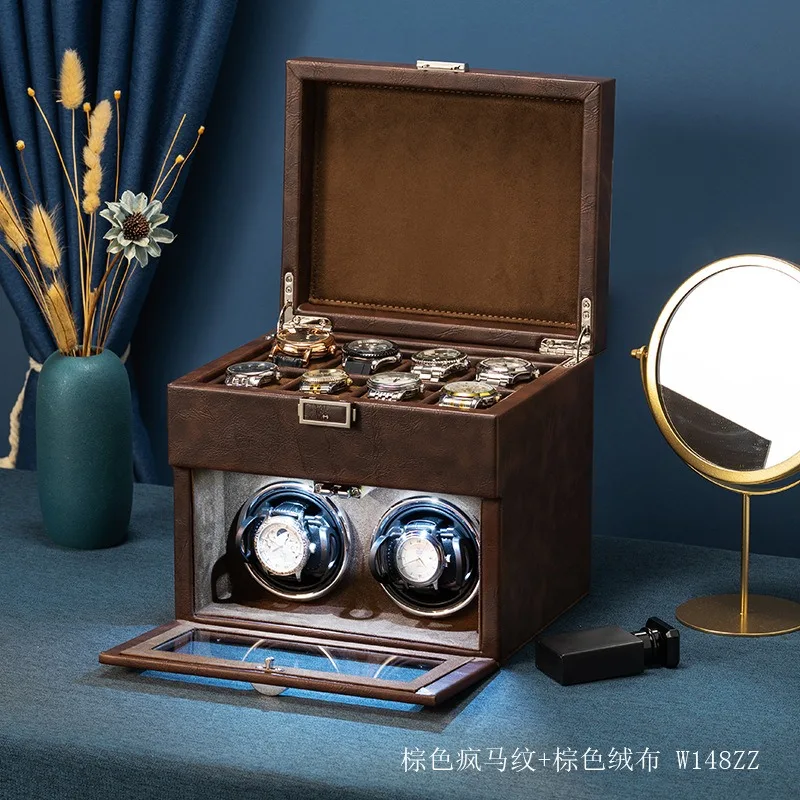 New Trend Luxury Leather Watch Organizer Auto Stop  Led Winder Shaker Box