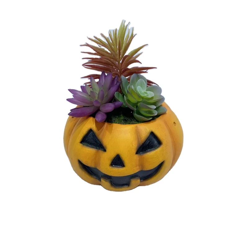 Pumpkin Shape Resin Flower Pot with Artificial Succulent for Halloween Decoration