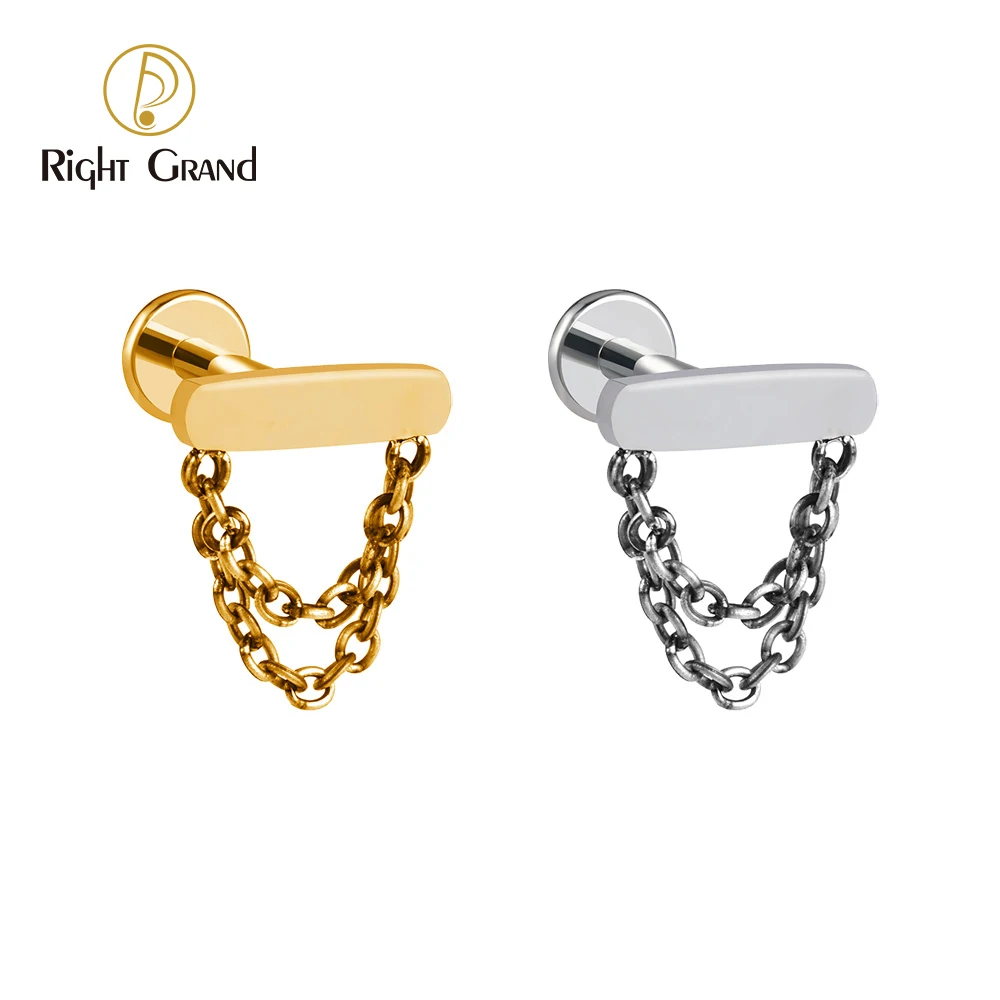 Right Grand ASTM F136 Titanium Double Chains Tassel Bar Stud Earring Internally Threaded Helix Cartilage Tragus Monroe Piercing