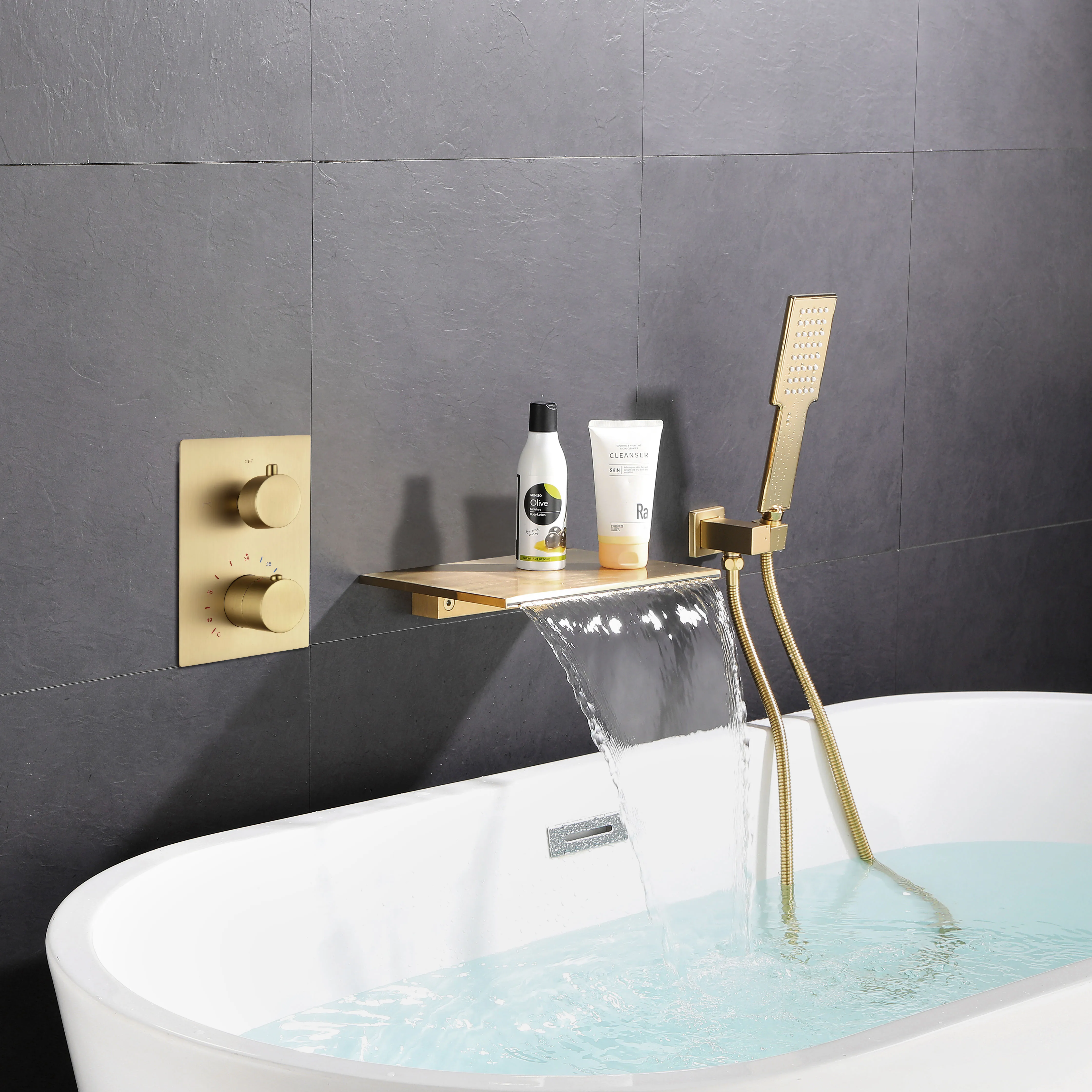 Embedded Wall-mounted Bathtub Tap, Elegant Gold Finish, Waterfall Flow, Includes Handheld Showerhead, Temperature Control