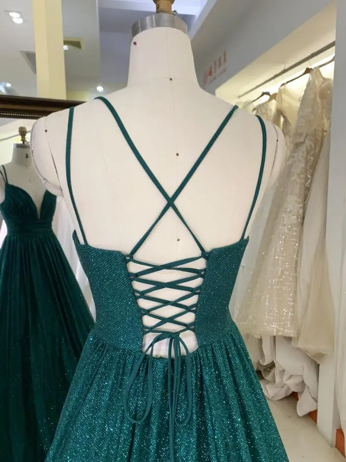 Emerald green sleeveless glitter tulle hand pleated deep V neck A line lace up back prom dresses 2023
