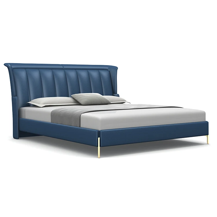 Big Headboard Modern Double Bed Genuine Leather Beds Frame Modern Italian Leather Luxury Double King Size Bed