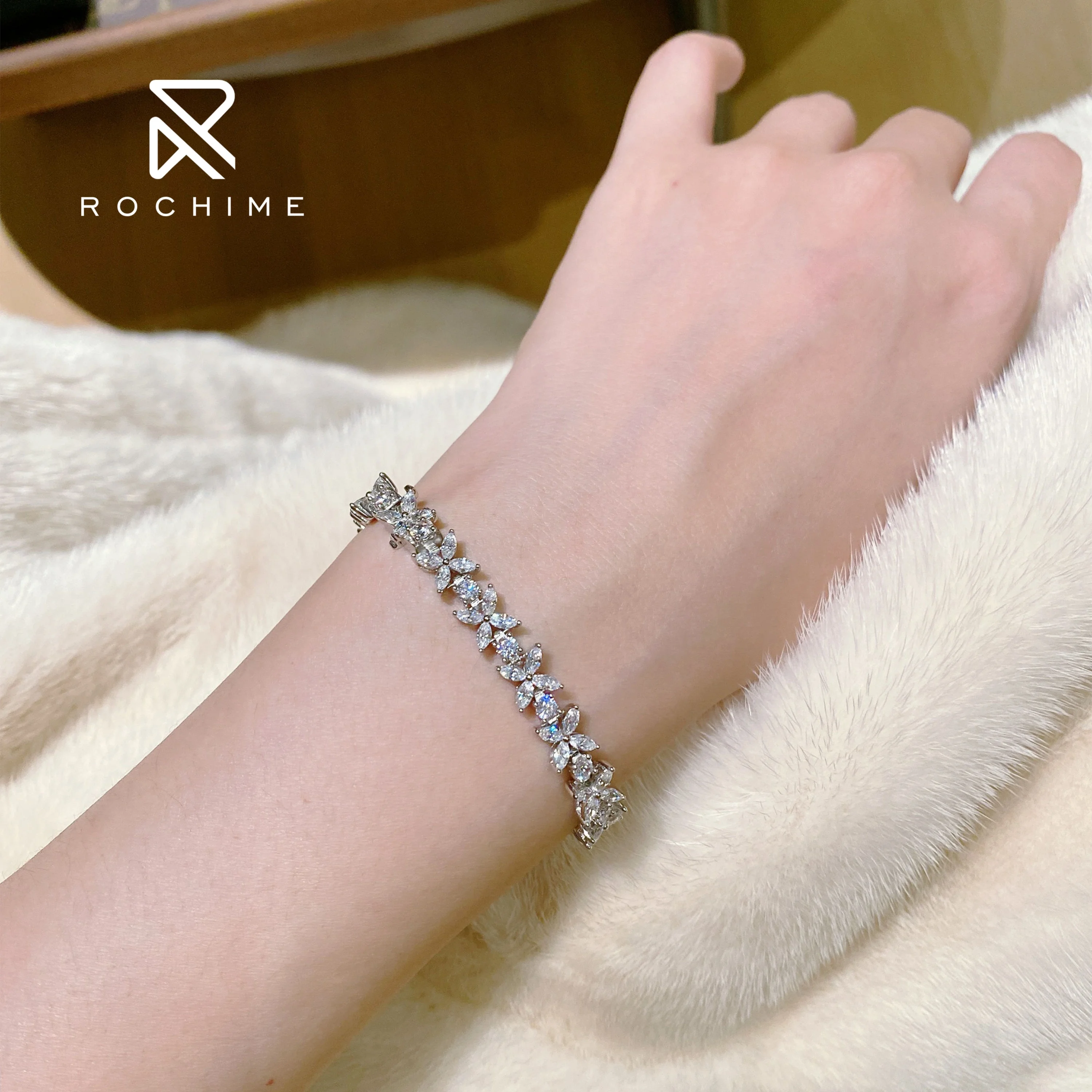 Rochime elegant  marquise cut CZ diamond bracelet  925 sterling silver white gold color jewelry