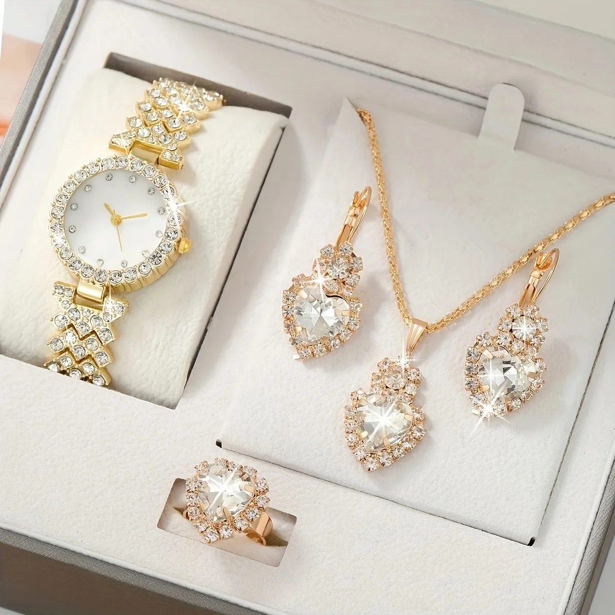 NW1415   Rhinestone Women  Stainless Quartz Watch Elegant Round Pointer Analog  Wristwatch & 4pcs Jewelry Set  Bracelet