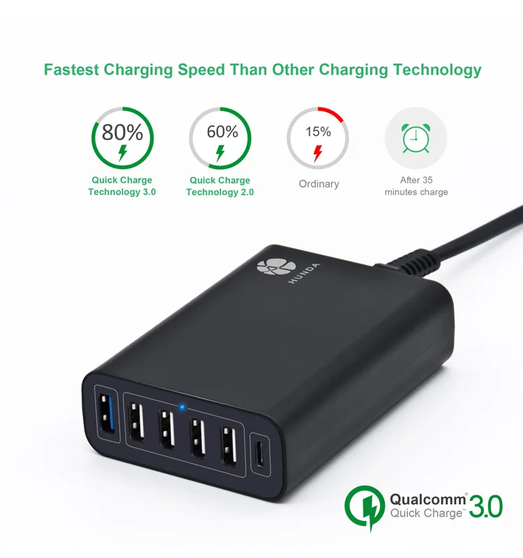 2020 unique 6-port usb charger desktop charging station 60w QC3.0 multi function micro usb tablet wall charger with led light