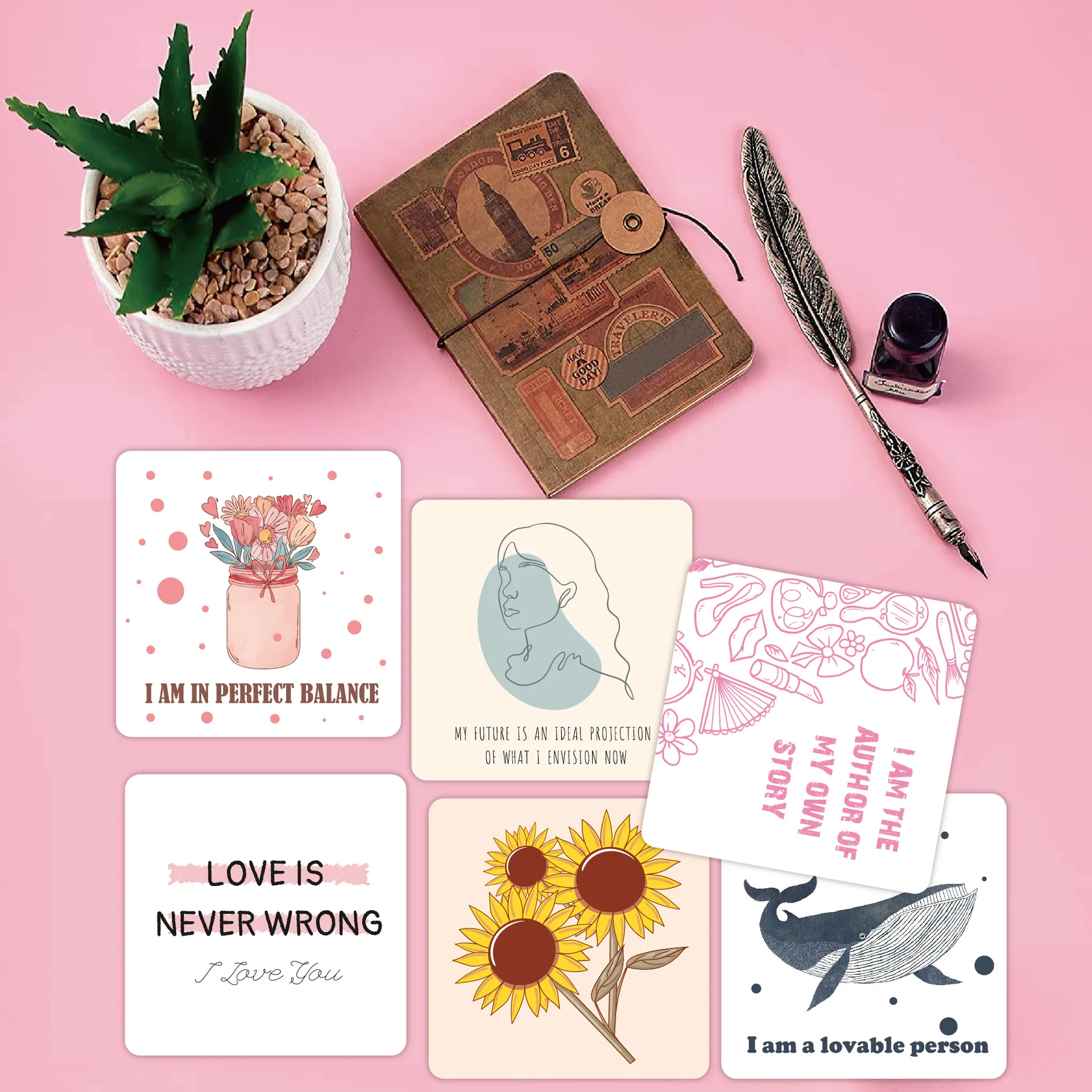 Encouragement Greeting Cards 50 European Women Affirm Positive English Cartoon Set Inspirational Paper Cardboard Cards