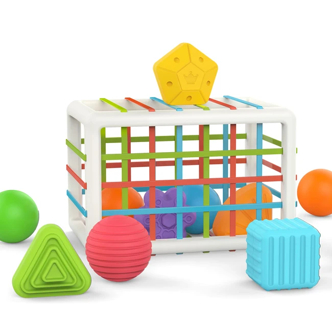 KSF Baby Shape Sorter Toys Colorful Cuboid Elastic Band Box With 12 PCS Multi Sensory Shape Montessori Learning Toys For Toddler