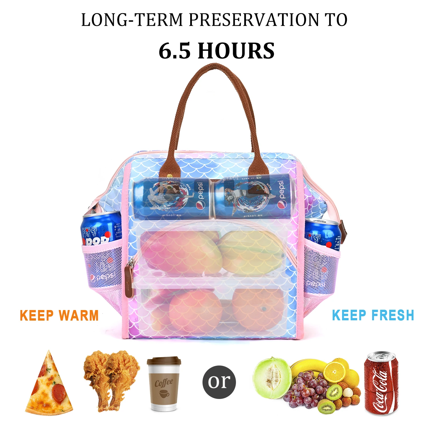 Lokass Free Sample Customized Lunch Bag 2022 Newest Design Fish Scale Pattern Blue Pink Mixed Insulated Cooler Lunch Bag