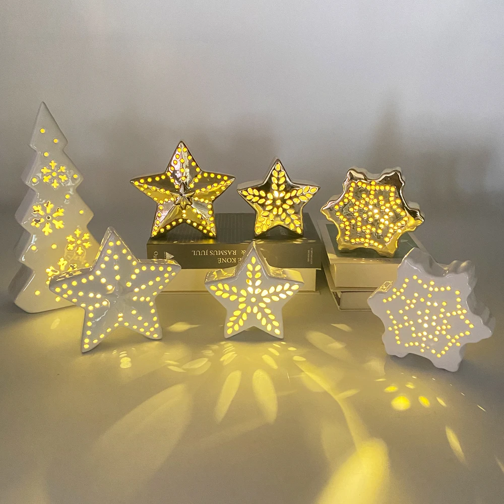 Custom New Year Home Decor Christmas kids Star shape lanterns Light Ceramic Ornaments Xmas Gifts Christmas star fairy led lights