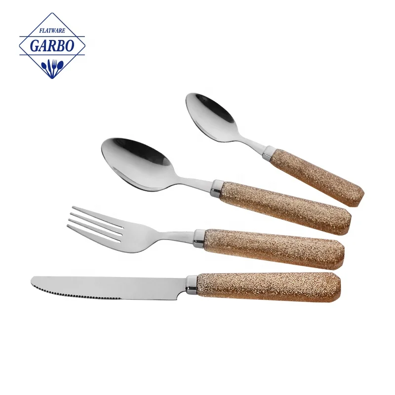 24pcs gift cheap 13/0 silver stainless steel cutlery flatware set dinner eating tool with customized colored PP plastic handle