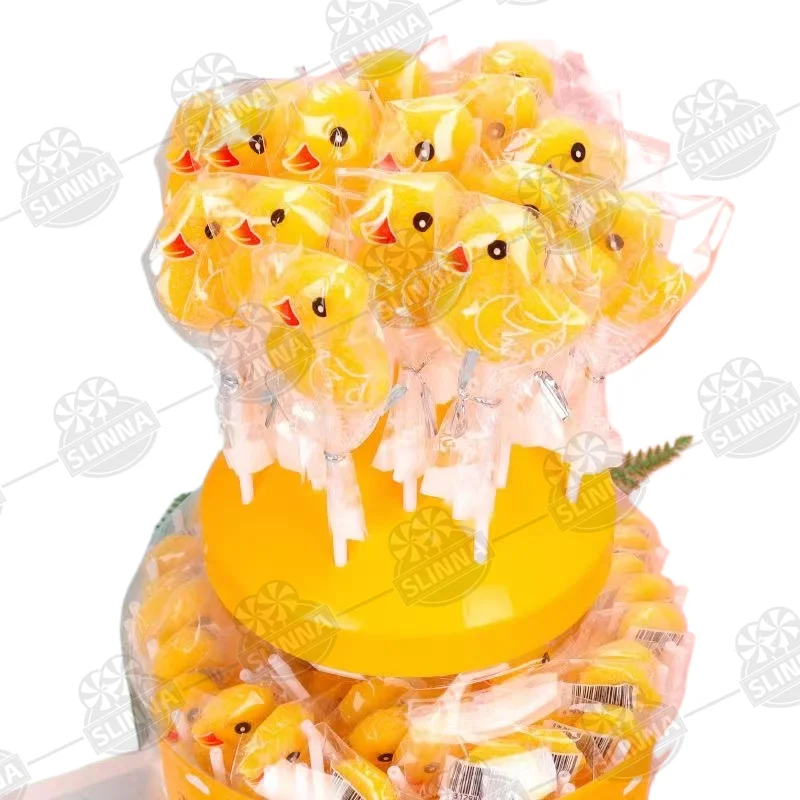 OEM Custom Halal Cartoon Shape Lollipop Candy kids cute candies wholesale Cartoon duck Shape sweet gummy candy soft lollipops