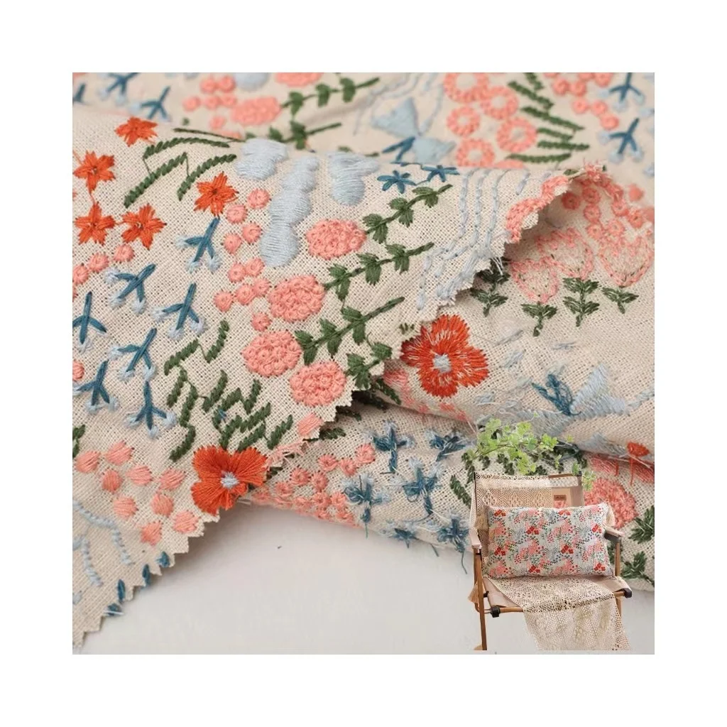 Width 125 cm Colorful Handmade Embroidery Plant Flowers Fabric Cotton Linen Fabric For Cheongsam Dress Bag